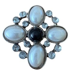 Vintage 80s Silver Tone Faux Pearl Rhinestone Maltese Cross Brooch Pendant 2"